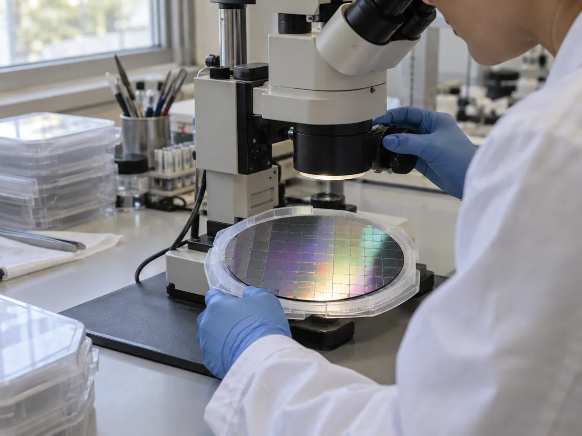 Chercheur examinant une plaquette de silicium avec un microscope de laboratoire