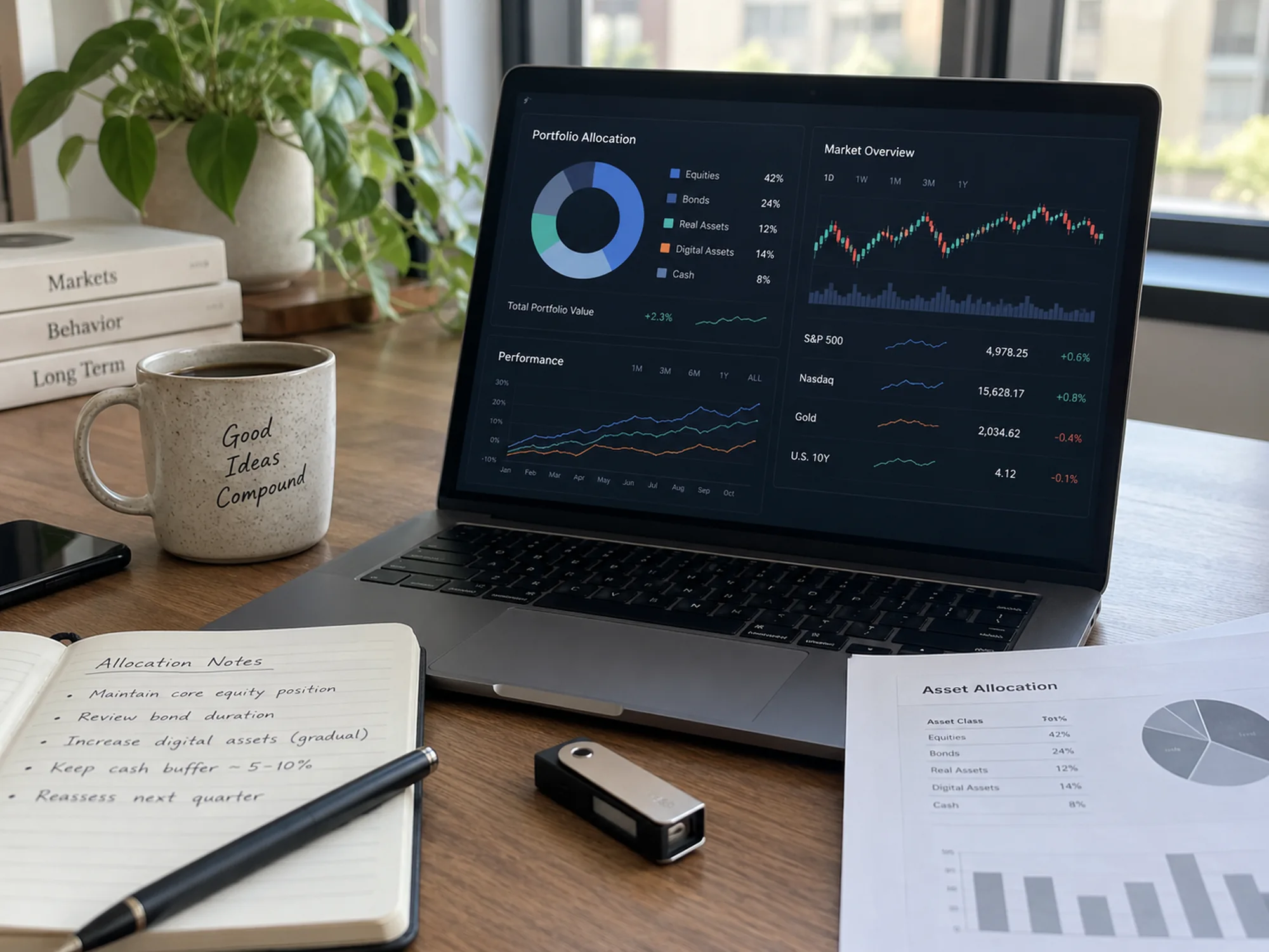 Allocation de portefeuille et graphiques de marché sur un portable, près d'un wallet matériel pour actifs numériques.