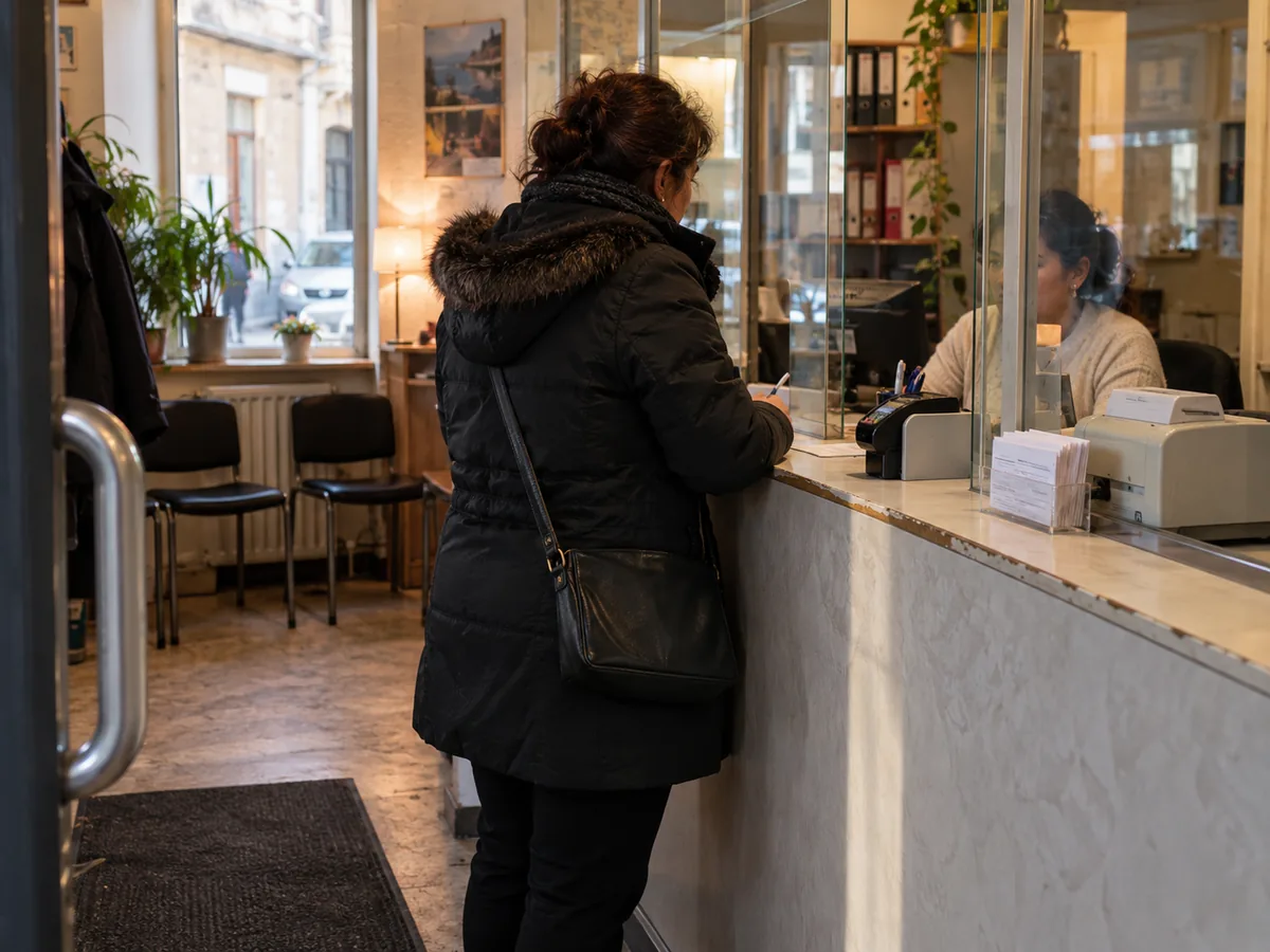 Client à un guichet de transfert d'argent derrière une vitre