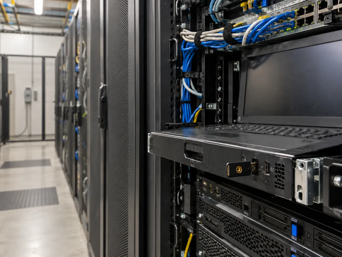 Clé de sécurité matérielle à côté de connexions réseau dans une baie de serveurs