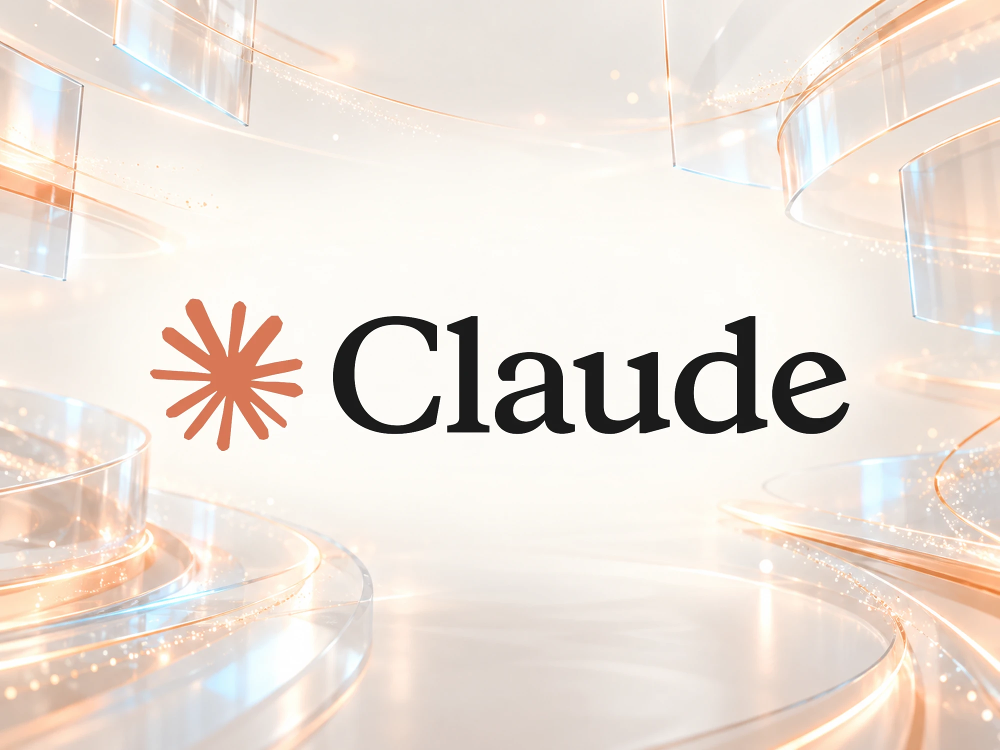 Official Claude logo in its original colors in front of a bright futuristic space with glass panels and coral light lines
